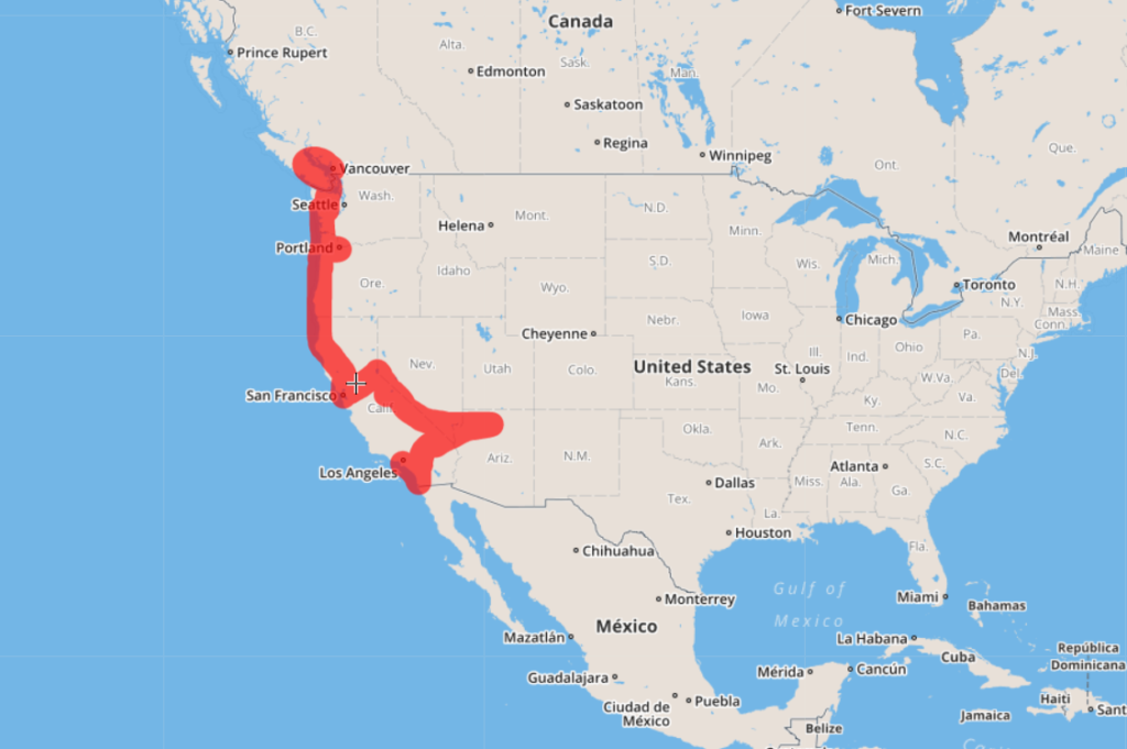 Map: Our overlanding trip along the Westcoast of America.